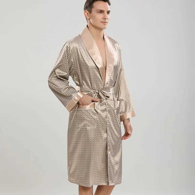 2024 Mens Summer Silk Shower Robe Geometric Dress Sleepwear Men Home Clothes Long Sleeve Kimono Bathrobe Nightwear Oversize 5XLXJ241018