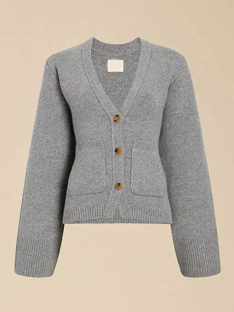 Fashionable long sleeved single chest pocket cardigan wool sweater for women elegant solid V-neck ultra-thin fit sweater for women 2024 commuting knit