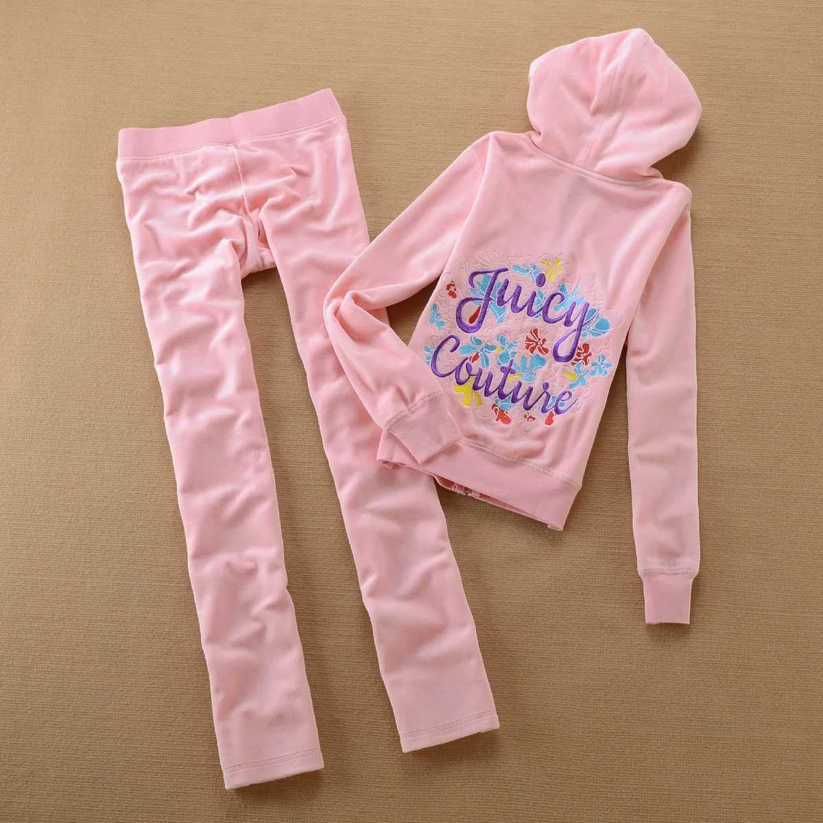 Women's Two Piece Pants Juicy Cometure Velvet Tracksuit Suit Sweatshirt Embroidered Flower Crystal Zipper Top + Casual Sports Straight Pants Y241