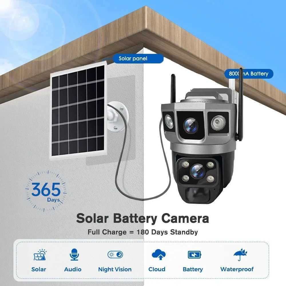 Camera 12MP Solar Camera 4G Sim Outdoor Dual Lens Three Screen 6K IP Camara Solar Panel CCTV Security Built in Battery PIR Cam V380 Z241019
