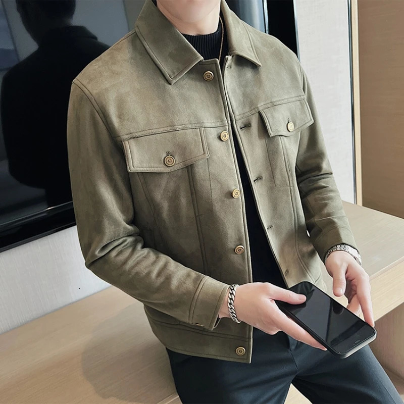 Autumn and winter mens suede jacket solid color casual business lapel jacket ultra-thin fit thick and warm social street clothing jacket 241007