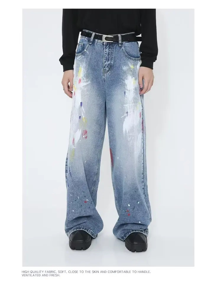 Y2K mens splash ink jeans hip-hop fashion graffiti hole straight leg denim shorts Y2K streetwear jeans 241007