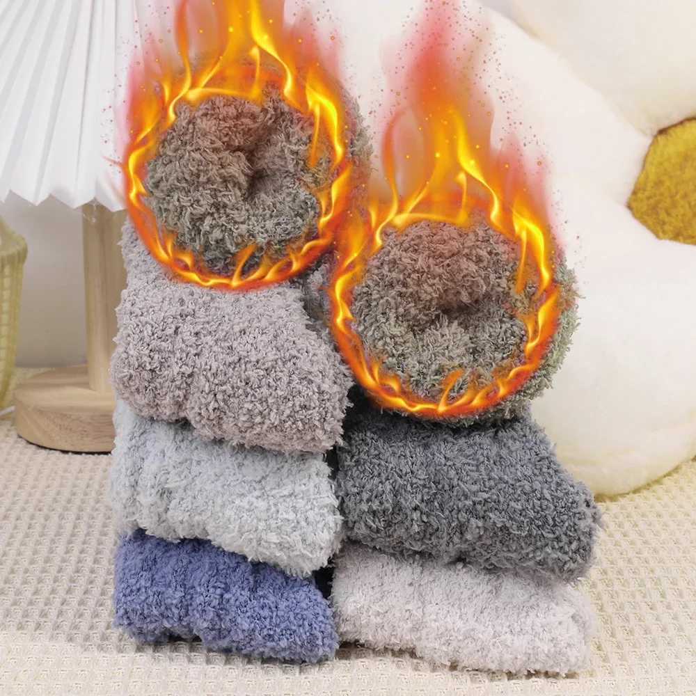 4pcs Winter Warm Thick Velvet Socks Men Coral Fleece Plush Stocks for Girls Fluffy Floor Sleeping Middle Tube Sock Hosiery SoxesXJ241019