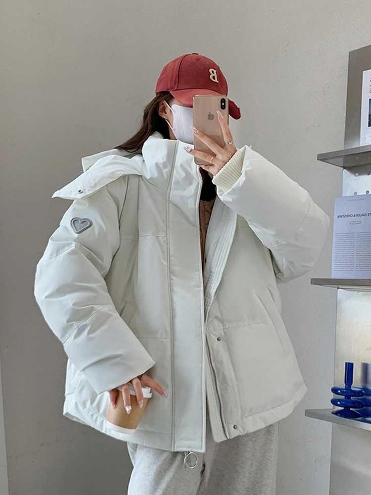 Zoki Love Print Cute Parkas Women Sweet Thick Warm Winter Puffy Coats Korean Casual Long Sleeve Loose Fashion Down Cotton JacketX241019