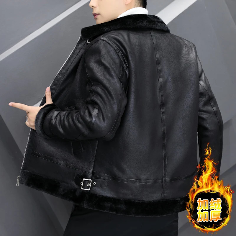 Winter Leather jacket Mens Warm Fashion Casual Thicken Lamb Wool Jacket Men Loose Thick Solid color Coats 241010