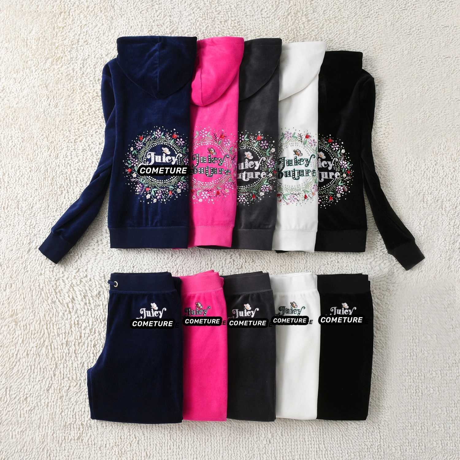 Women's Two Piece Pants 2025 New Juicy Cometure Velvet Tracksuit Embroidered Crystal Flower Pattern Hooded Sweatshirt Casual Sports Velvet Suit 2
