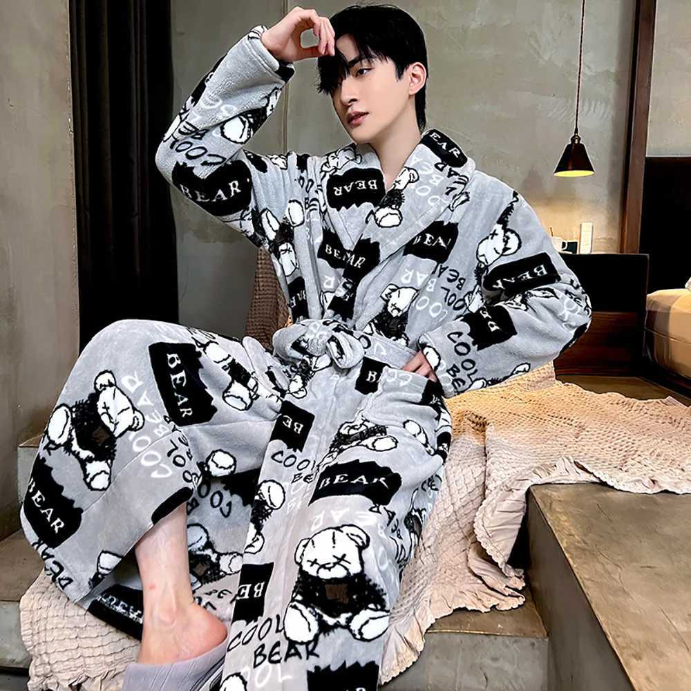 Casual Cartoon Dinosaur Mens Bathrobe For 82.5kg Winter Thicken Plush Double Warm Shower Robe Comfortable Soft V Neck SleepwearXJ241018