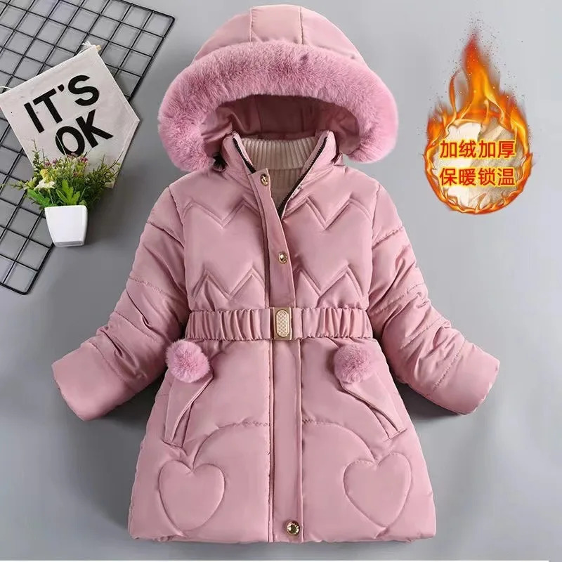 4 5 6 8 10 Years Winter Girls Coat Keep Warm Thicken Kids Jacket Hooded Zipper Fur Collar Princess Outerwear Childrens Clothing 241018