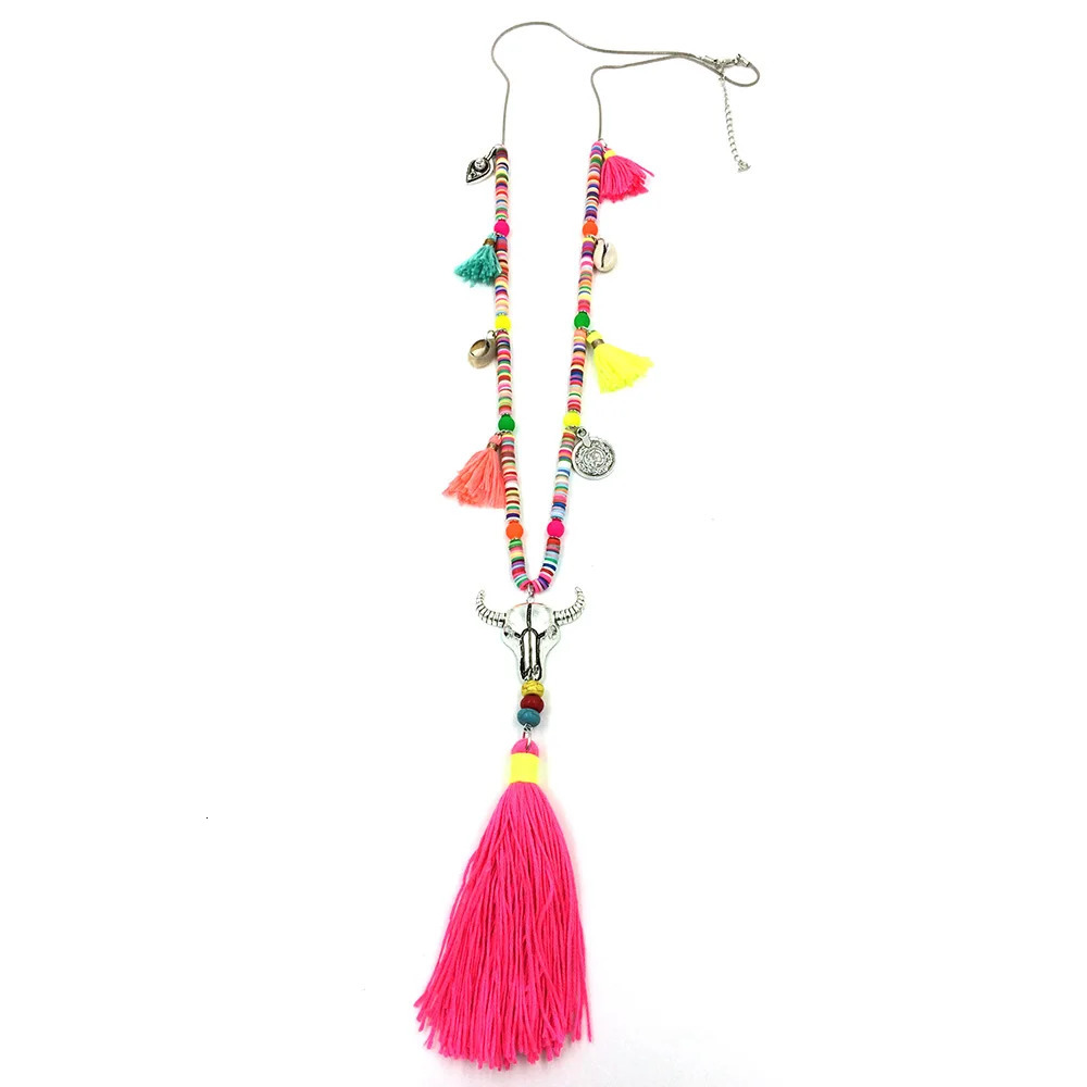 Bohemia chic necklace Xizang buffalo head cow head pendant necklace pink cotton tassel pendant polymer clay chain necklace 241018