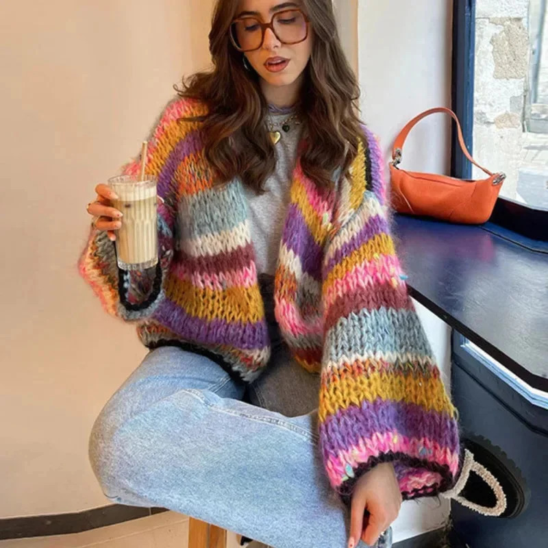 Rainbow Grid Sweater Embroidery Striped Cardigan Women Irregular Geometric Long Sleeved Cardigan Knitted Sweater Ins Loose Top 241009