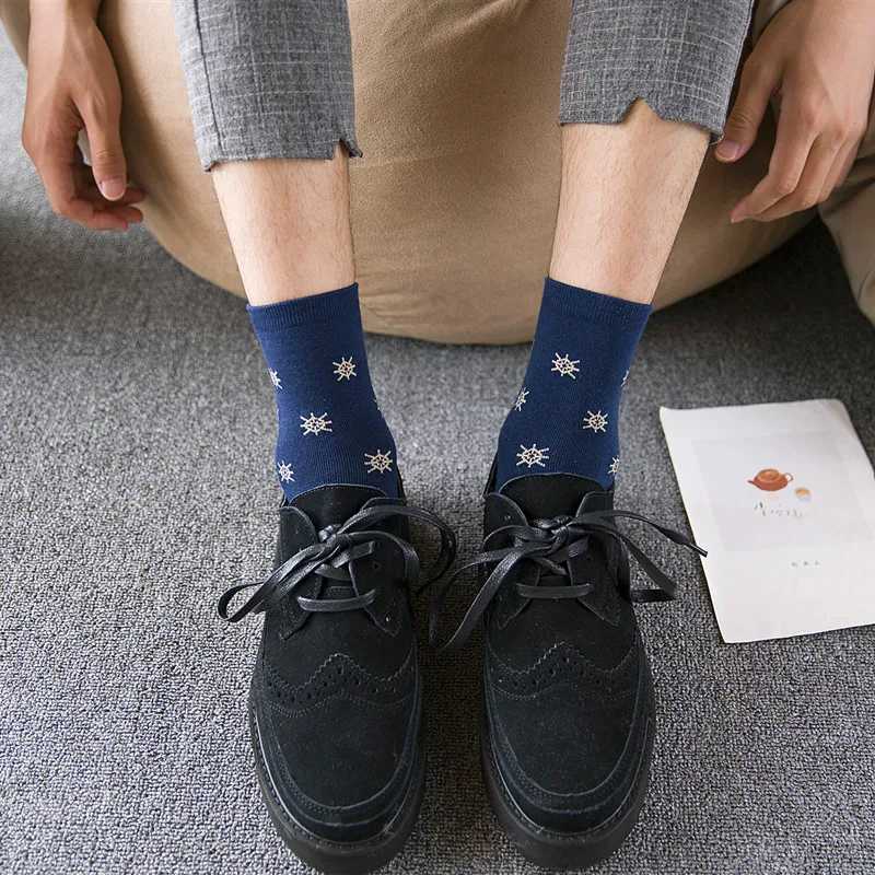 3 Pairs Men Navy Socks Business Socks Stripe Anchor Star Snow Male Autumn Winter Crew Socks Comfortable Cotton Casual SocksXJ241019