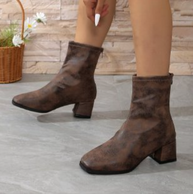 Chic Women's Boots: Versatile Style, Square Toe, High Heel, Brown, Beige, Blue dffc