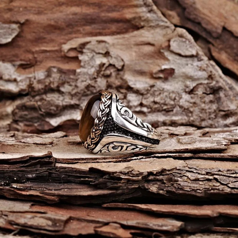Simple Vintage Trend Brown Tiger Eye Stone Mens and Womens Rings Turkish Handmade Spiral Carved Party Niche Jewelry 241010