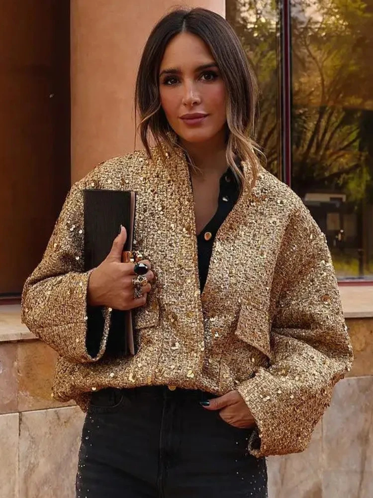 ZBZA Womens Sequined Bomber Jacket Fall Round Neck Long Sleeve Pocket Stretch Hem Sequins Coat Female Chic Outerwear 241009