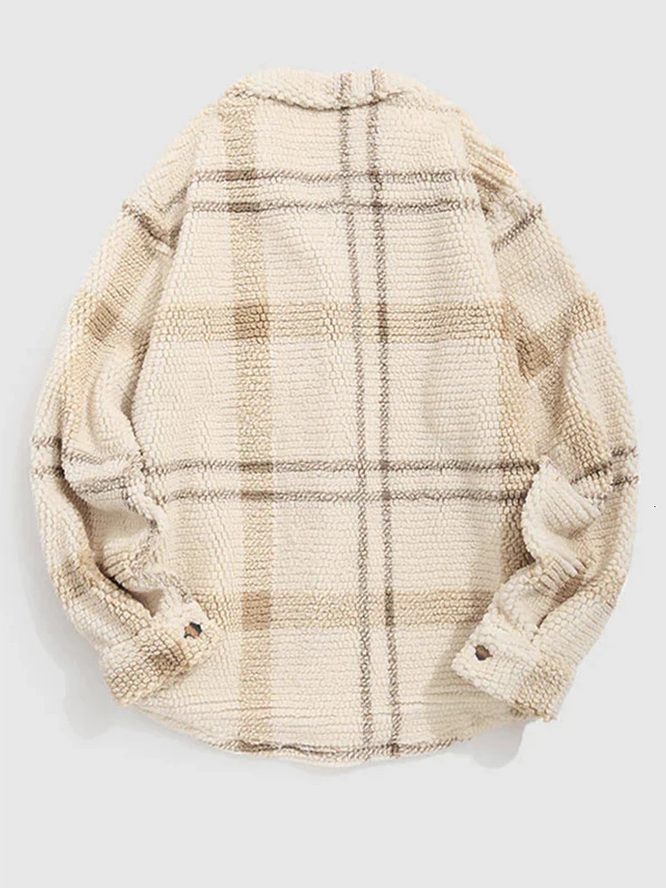 Mens retro plain collar jacket with long sleeved Sherpa jacket pocket warm mens shirt 241007