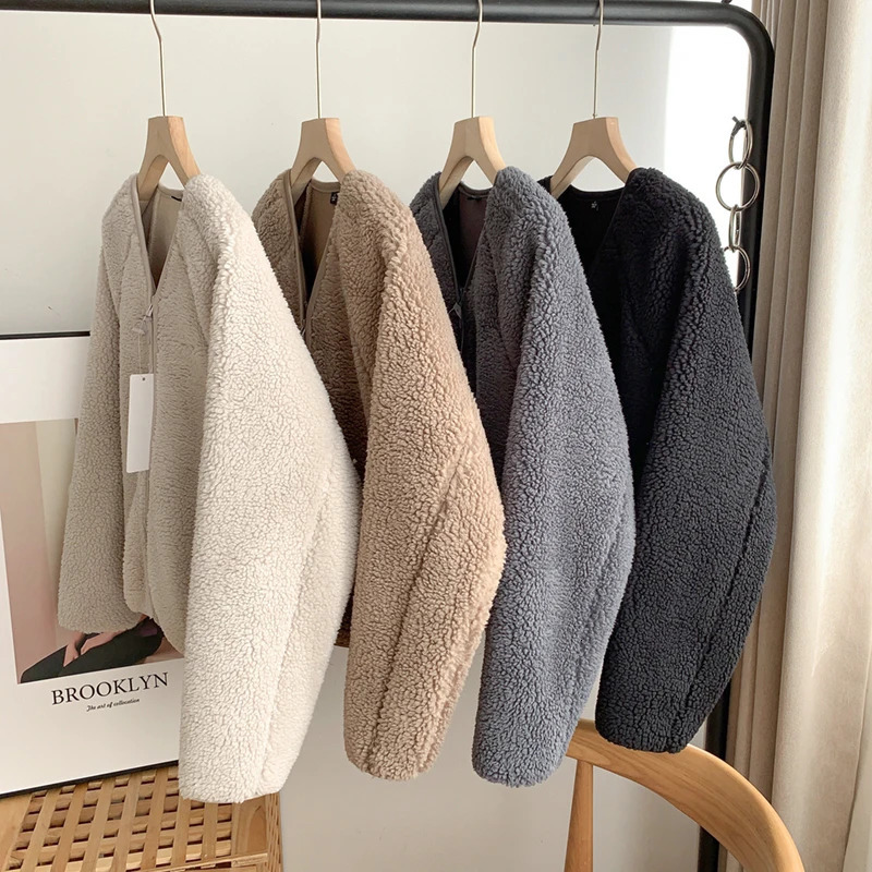 Mens Jacket Autumn/Winter Soft Sherpa V-neck Zipper Warm Polar Wool Short Sleeve Womens Long Sleeve Solid Color Top 241007