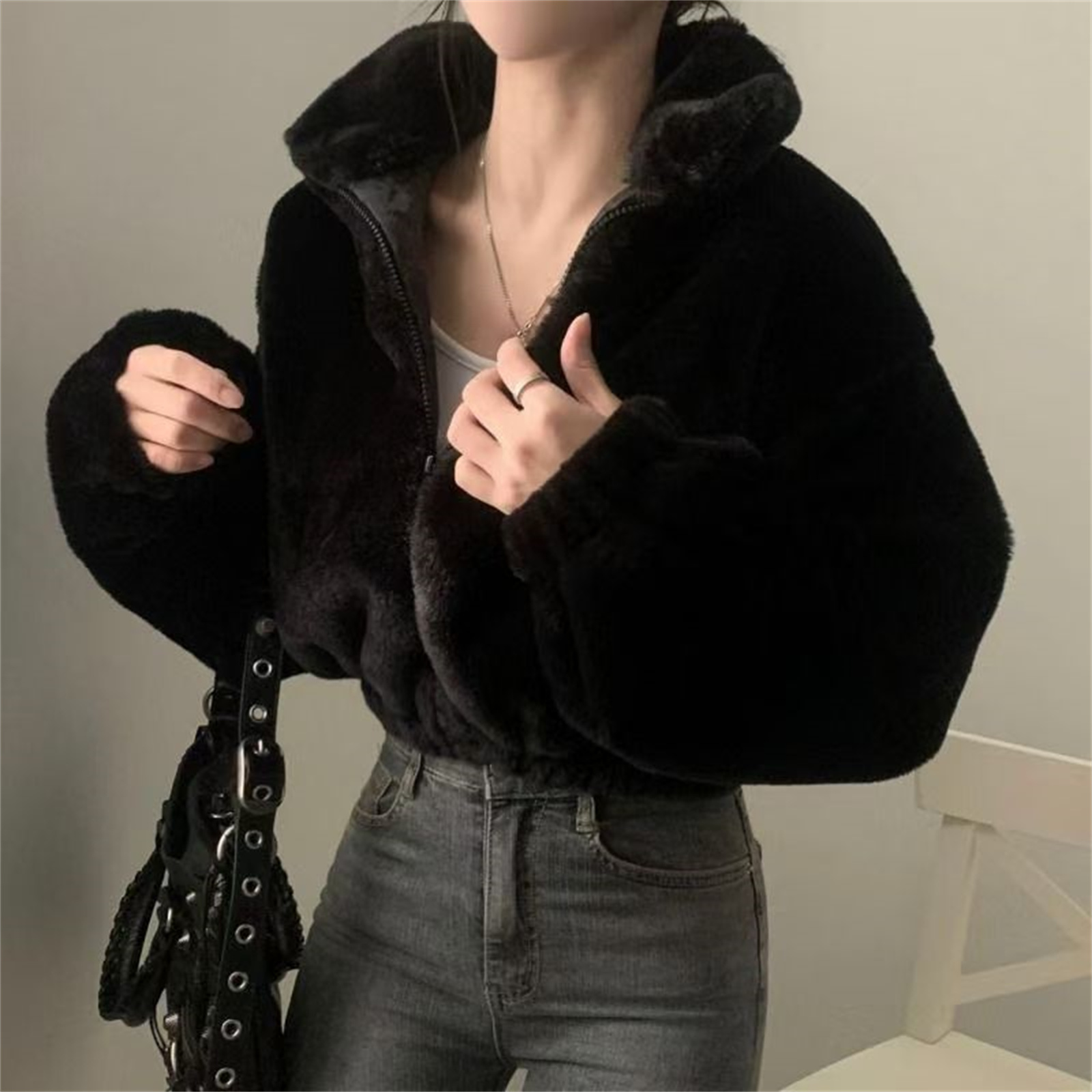 Womens jacket brand womens short jacket long sleeved standing collar cashmere top autumn winter Short Warm Loose Knitted Jacket Placket Coat Overcoat 