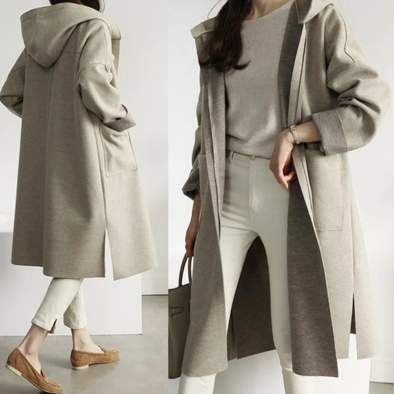 Fashion autumn winter Korean wool coat womens hooded cashmere slit pocket loose cloak long sleeved solid color windproof machine 241019