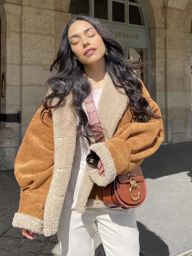 Womens Winter Artificial Wool Sheepskin Leather Jacket Womens Thick Warm Suede Sheepskin Motorcycle Brown Coat Loose Jacket 241007