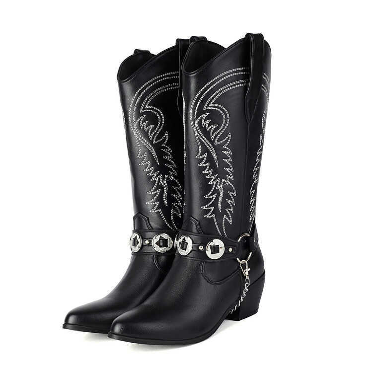 Fashion Boots Metal Chain Embroidered Western Boots Autumn New Style Pointed Toe Thick Ankle Boots Heel High-heeled Midsole WoMens Boots 241008