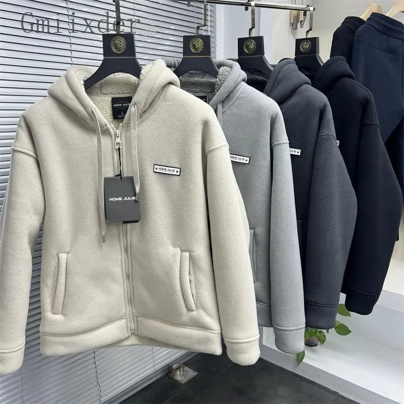 Fashionable heavyweight polar wool jacket Korean winter mens velvet thick Sherpa hooded jacket thick coat 241007