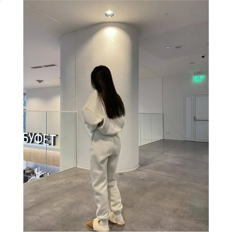 Autumn and Winter Casual Sports Womens Fashion Solid Simple Warm Pants Hoodie Womens 2-piece Set Hoodie 241009