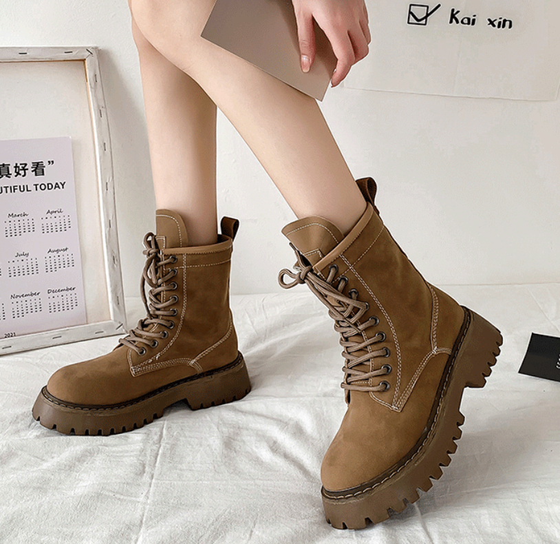 Women Fashion Boots Thick Sole Increase Height Versatile Winter Trendy Design Simple Casual Style Triple Khaki Free shipping