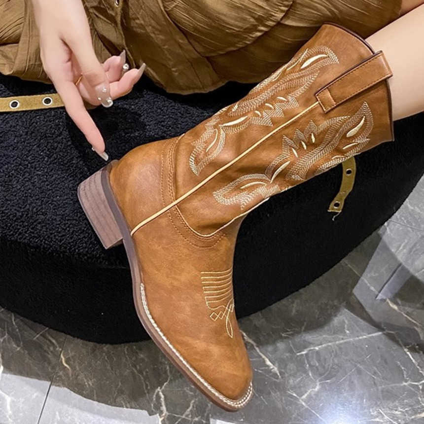 Fashion Boots Versatile Western Cowboy Boots Summer Thick Heel Ankle Boots Embroidered Sleeve Knight Boots Midsole Square Toe Martin Boots 241008