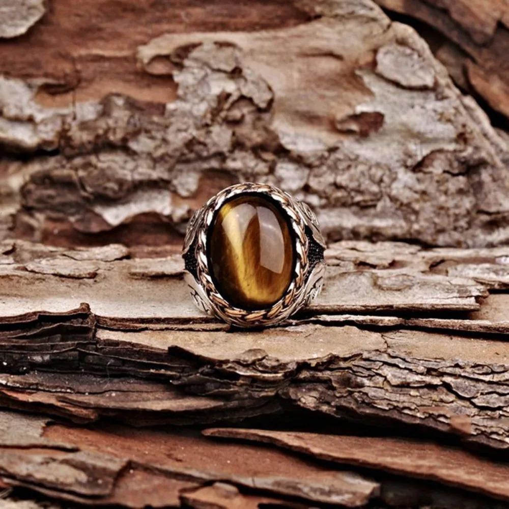 Simple Vintage Trend Brown Tiger Eye Stone Mens and Womens Rings Turkish Handmade Spiral Carved Party Niche Jewelry 241010