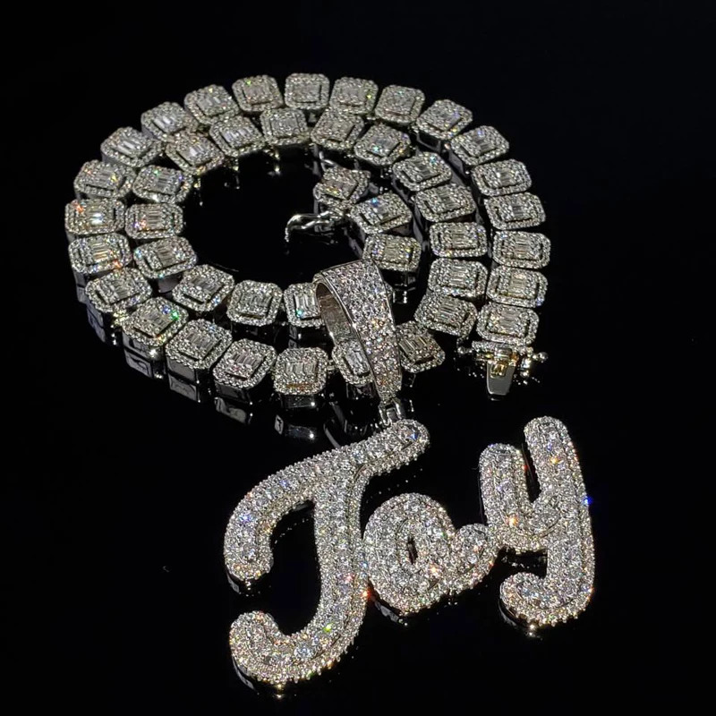 Grandbling Brush Cursive Letter Customized Name Necklace With Baguettes Chain With CZ Personalized Hip HOP Jewelry 241019