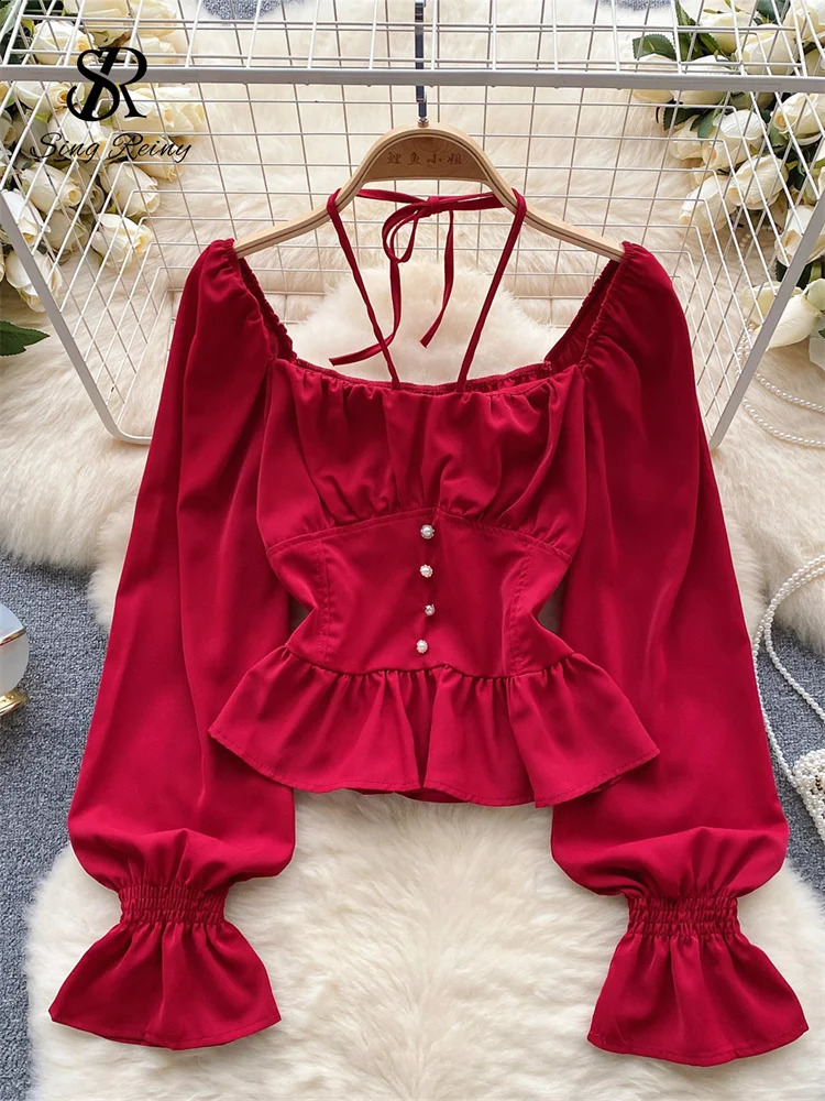 SINGREINY Women Halter Vintage Slim Blouse Autumn Squre Neck Long Sleeves Elastic Waist Chic Top Korean sweet OL Shirt 241019