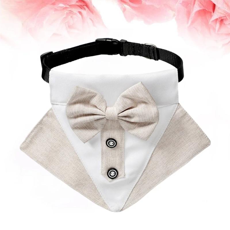 Dog Collars Pet Collar Elegant College Style Bow Tie Saliva Towel Triangle Scarf Costume Accessories For Travel (Khaki Size L/XL)