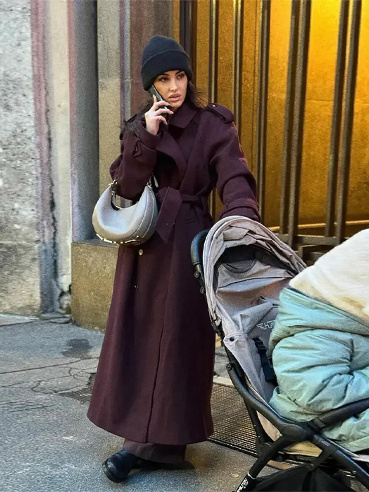 Wine Red Double Breasted Woolen Trench Coat Women Casual Lapel Long Sleeves Overcoat 2024 Lady Commute Office Outerwear 241010