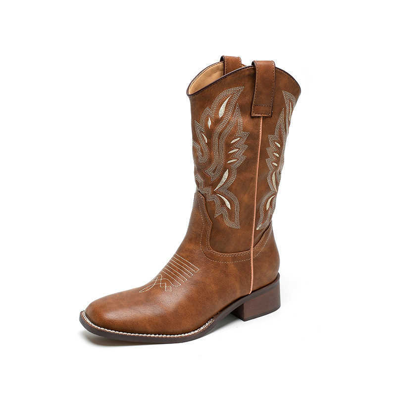 Fashion Boots Thick Heel Versatile Western Cowboy Boots V-mouth Embroidery Sleeve Boots Middle Tube Square Head Martin Boots 241008