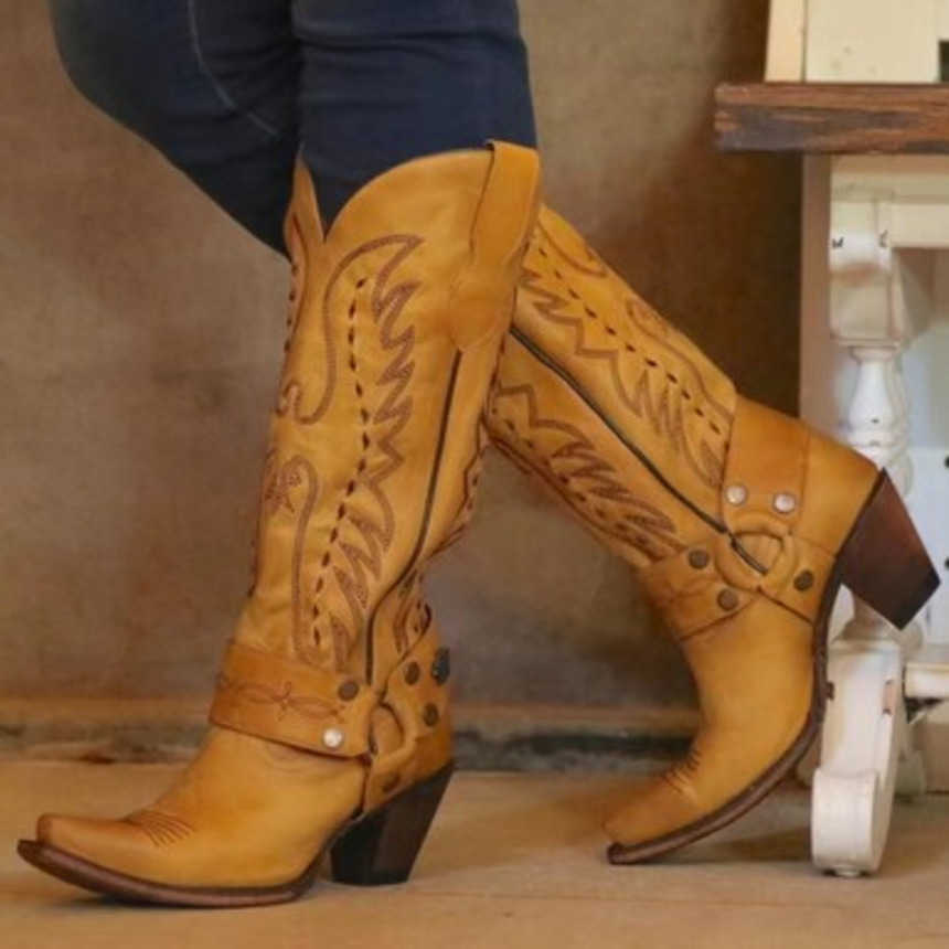 Fashion Boots Fashionable Embroidered Thick High Heel Martin Boots WoMens High Tube Boots 241008
