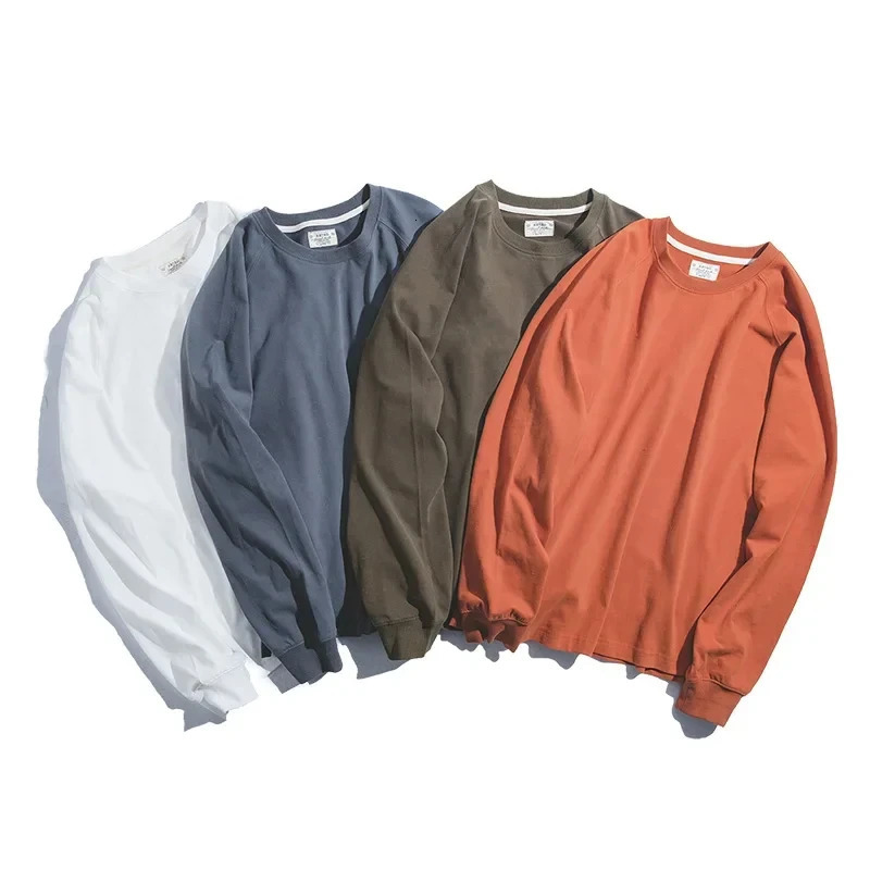 Maden solid T-shirt mens retro cotton college casual retro long sleeved T-shirt candy color sports bottom shirt mens 241019