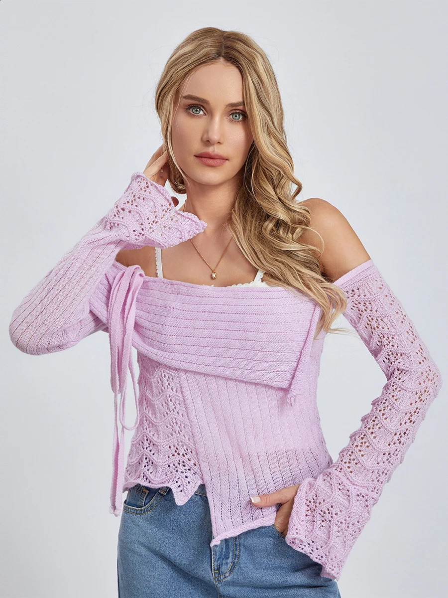 wsevypo Fairycore Off-the-Shoulder Fall Sweaters Womens Knit Crochet Flare Long Sleeve Slash Neck Tie-up Pullovers Jumpers 241010