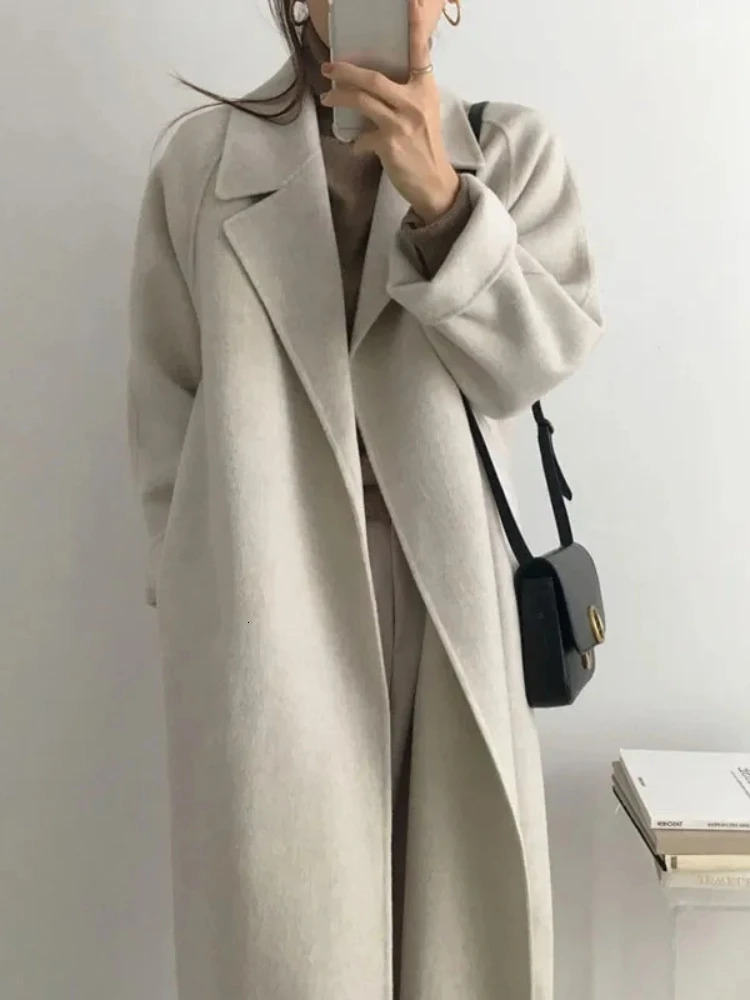 Jacket Women Long Wool Overcoat Suit Collar Loose Tie Waist Collection Mid Length Woolen Lapel Topcoat Solid Waistband 241010