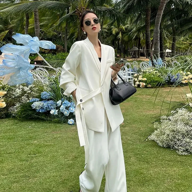 Korean Fashion High end Pants Suit Spring and Autumn Professional Coat Wide Leg White Two piece Set Women Outfits 241007
