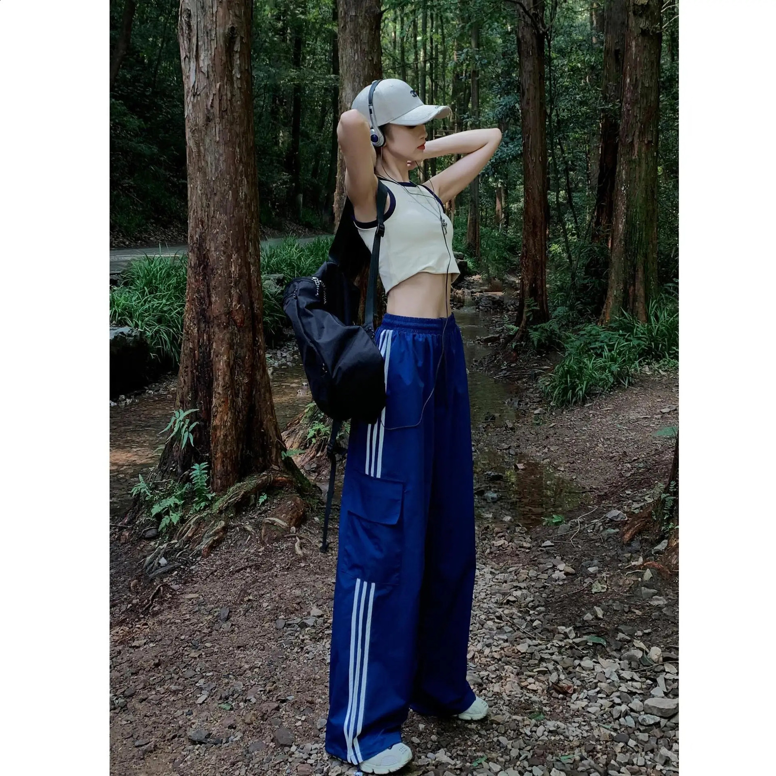 Striped Sweatpants autumn Women Hip Hop Streetwear Baggy Wide Leg Cargo Pants Bf Y2K High Waist Drawstring Joggers Trousers 241019
