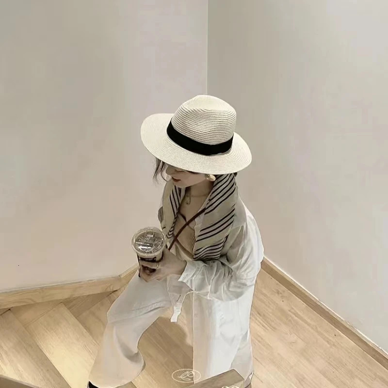 60cm Summer Fedora Short Brim Straw Hat for Men and Women Sun Hat 241019