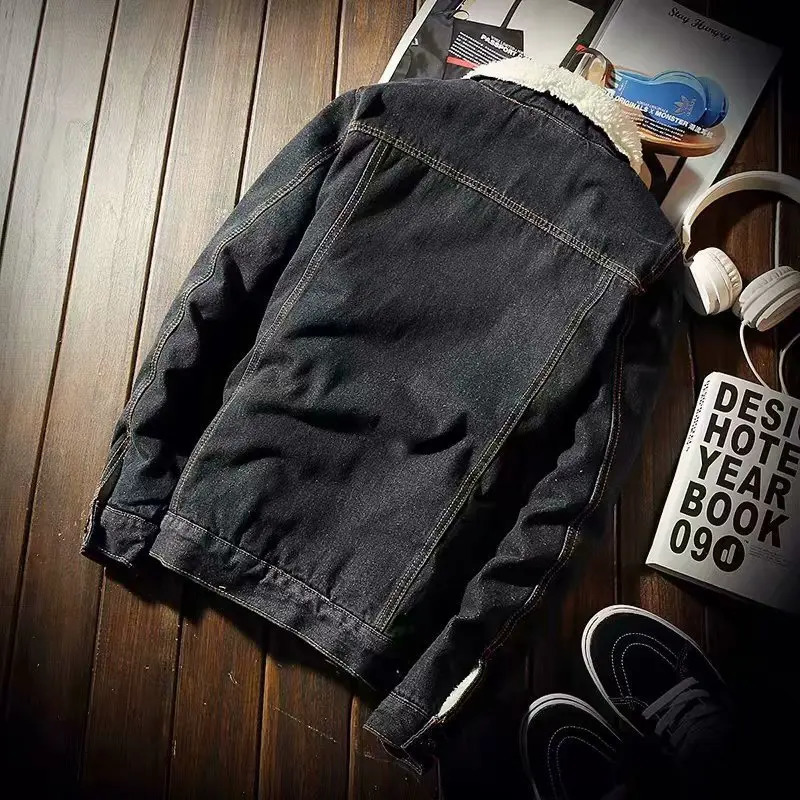 winter wool thick denim jacket mens lapel Sherpa retro jeans truck jacket denim park jacket 241007