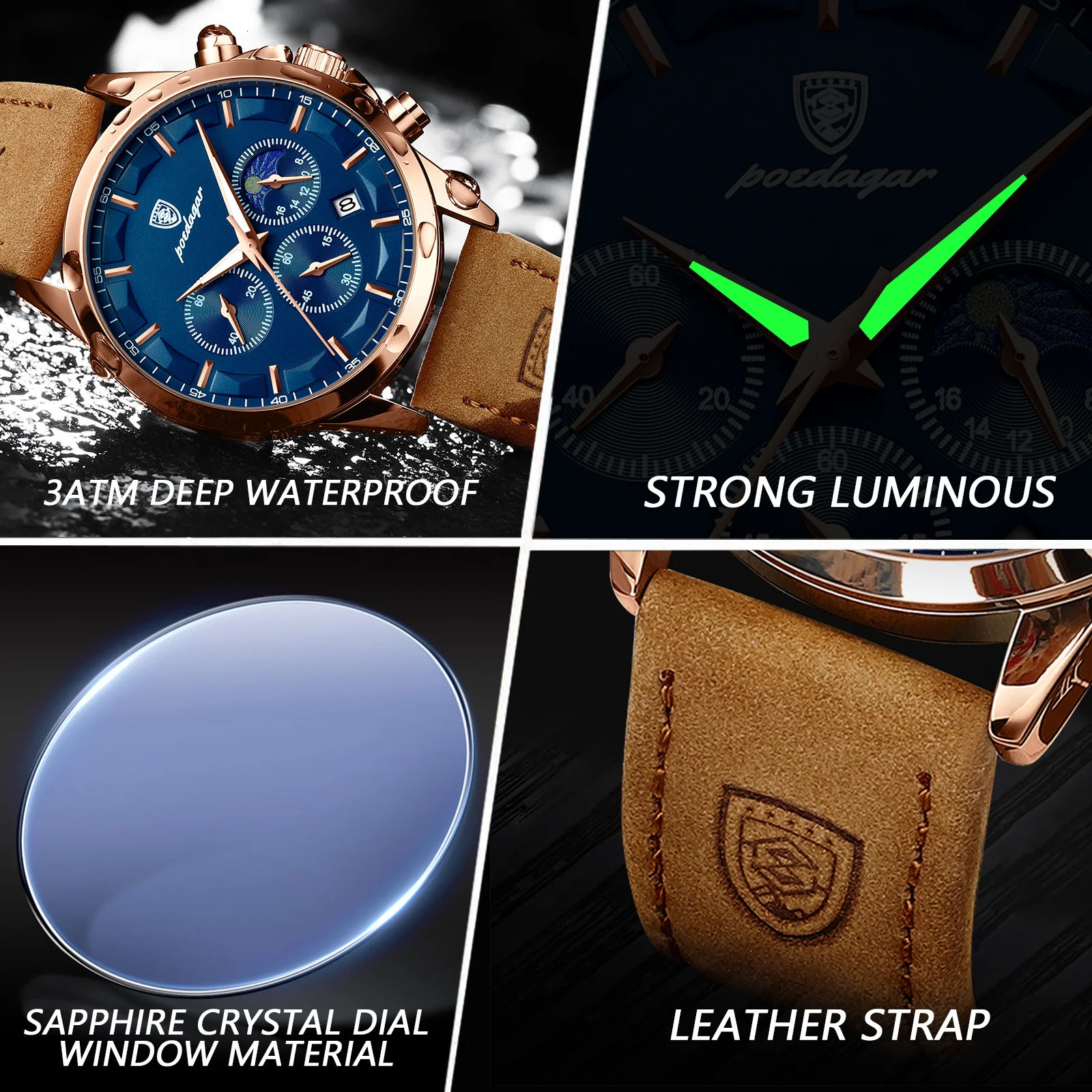 Poedagar Mens Quartz Watch Sports Waterproof Chronograph Luminous Date Mens Watch Business Leather Mens Watch 241019