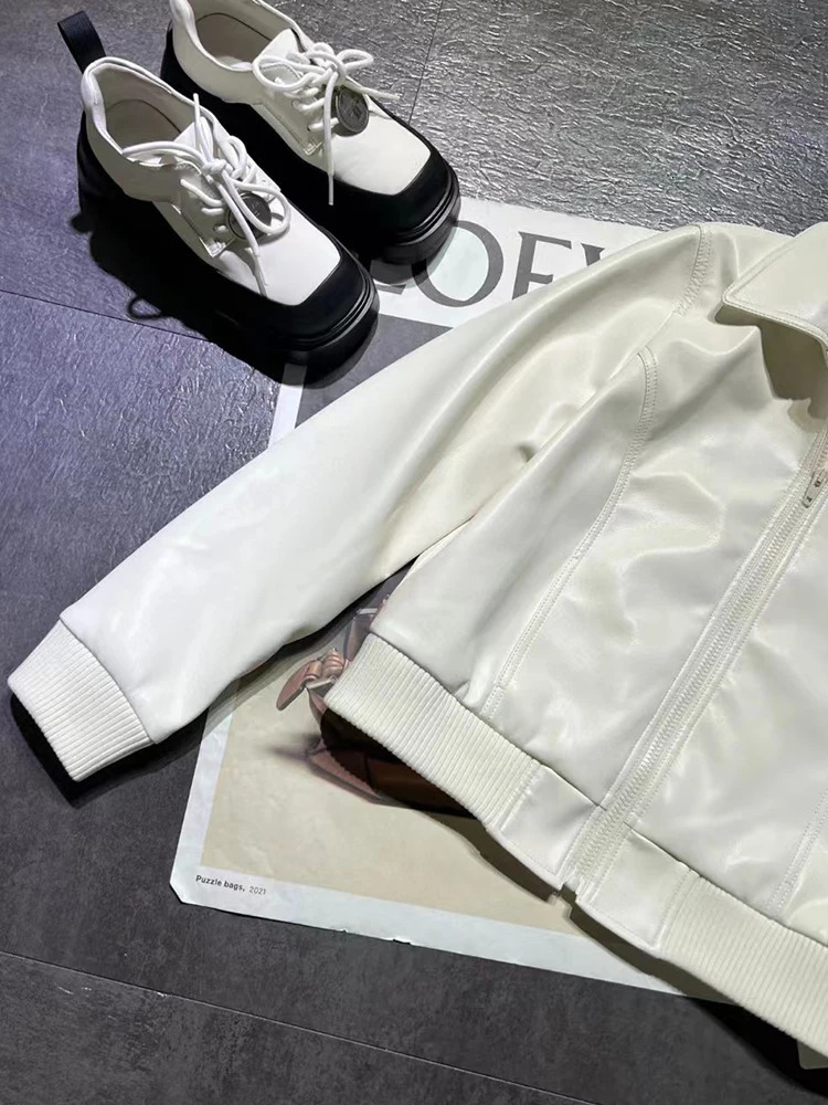 Compound Lambskin Modal Lined Collar Zipper Leather Short Coat Autumn Womens Full Match Bicycle Jacket 241019