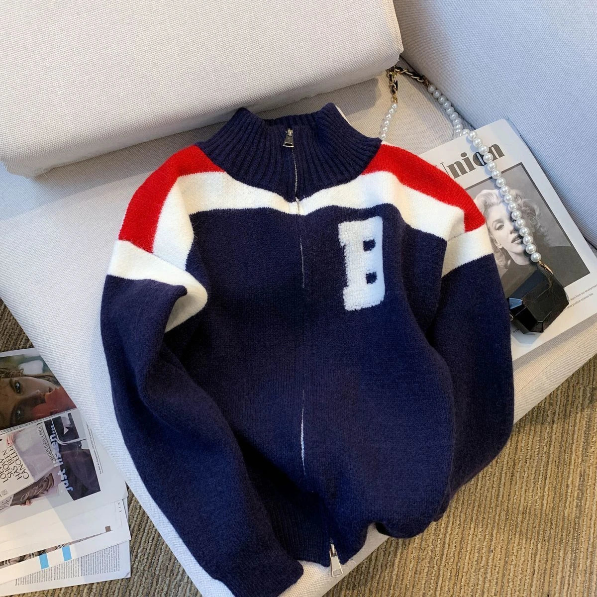 Winter Standup Collar Contrasting Large Size Knitted Cardigan Mens Loose Casual High Street Personalized Longsleeved Jackets 241009
