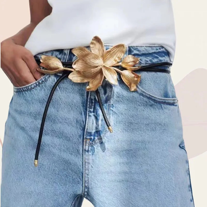 Exaggerated ZAA metal tulip waist chain leather belt 241019