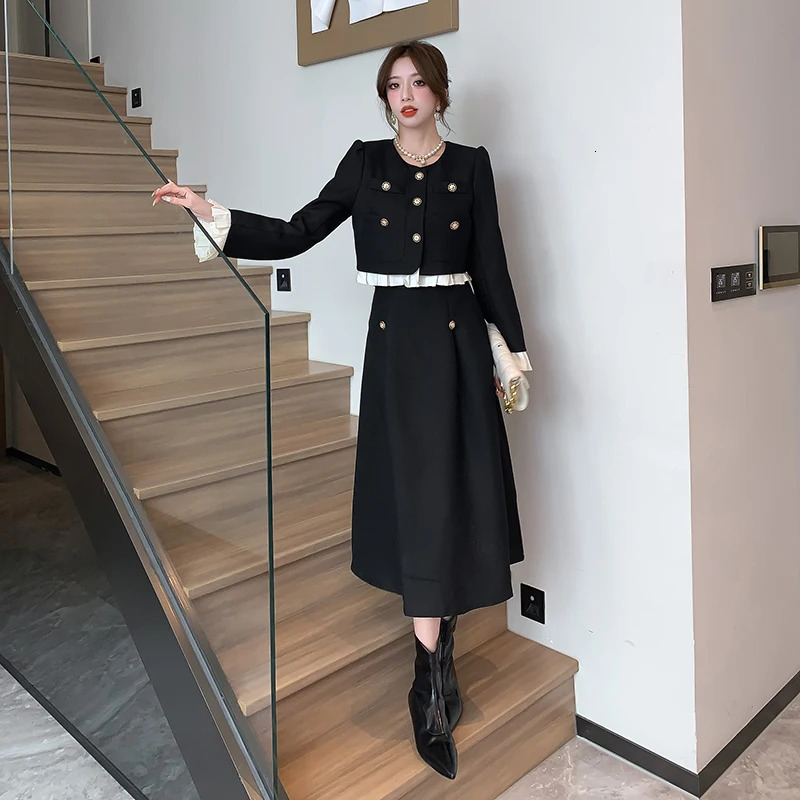 Elegant ruffled coarse woolen jacketone long skirt 2-piece set for womens autumn and winter dress fashion er party set 241019