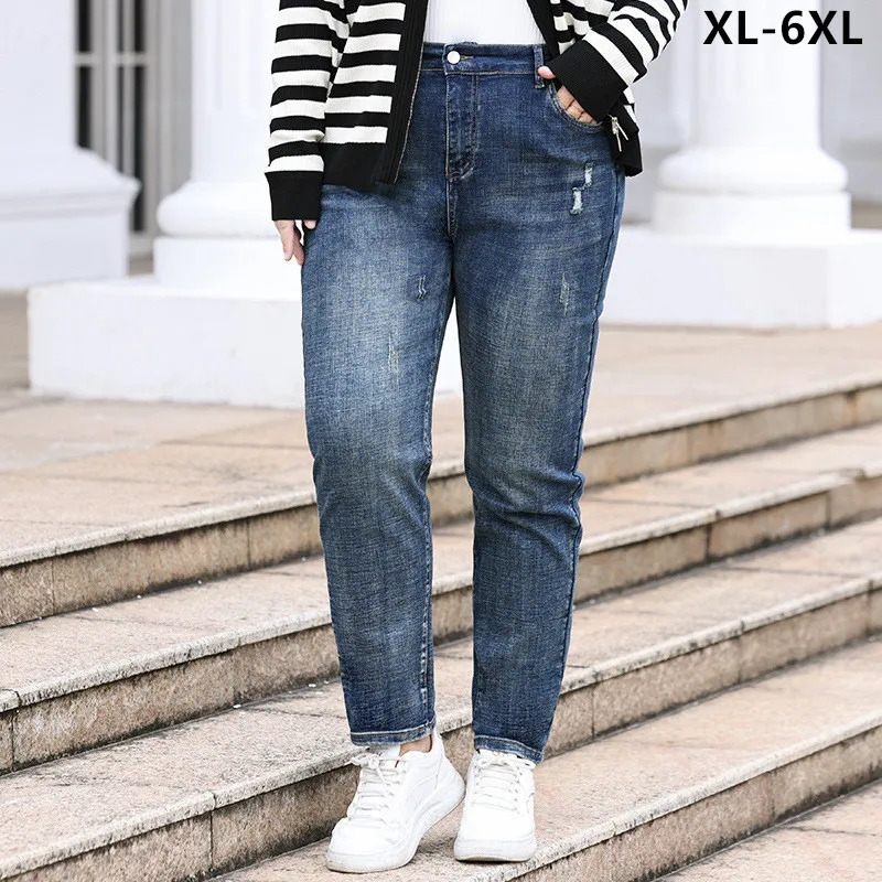Plus Size Women Jeans 6XL 110KG Stretched Classic Denim Trousers 5XL 4XL Loose Big Female Retro Girl High Waist Pencil Pants 241007