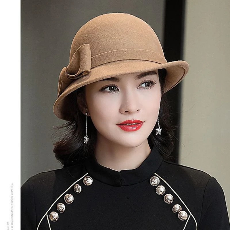 Mothers Gift Womens Winter 100% Wool Felt Cloche Hat Womens Elegant Glazed Bow Fedora Hat 241019