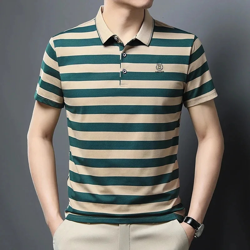 Summer Business Casual HighEnd Quality Short Sleeve Polo Shirt Stripe Lapel Tshir Trendy Top Fashion Men Clothing Shirts 241010